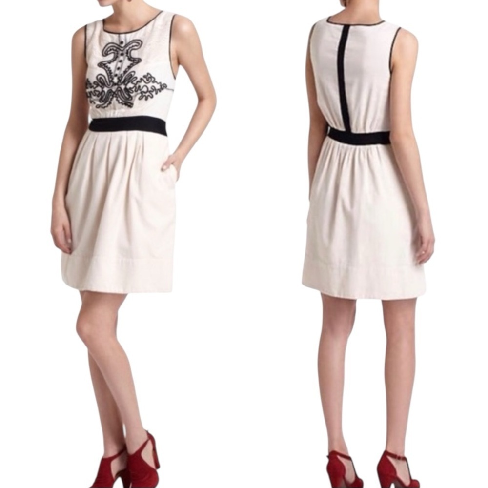 Anthropologie Leifnotes Open-Air Theater Fit Flare Dress Cream Black 2